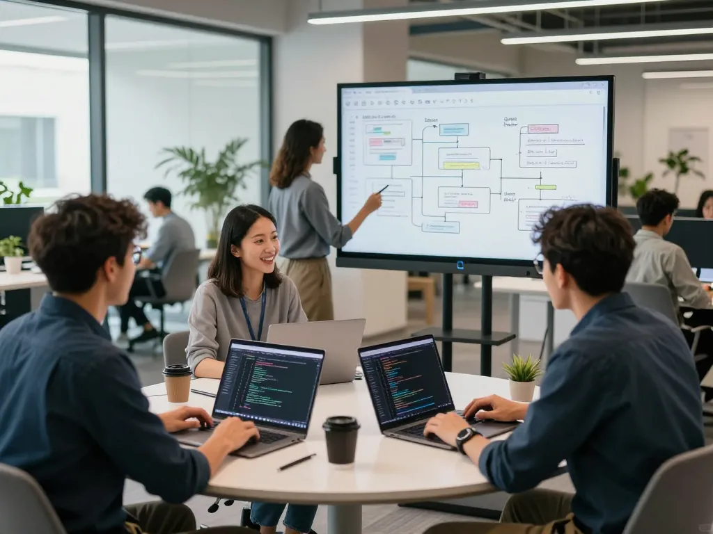 Dynamic workspace with developers coding, illustrating crush ai in a collaborative tech environment.