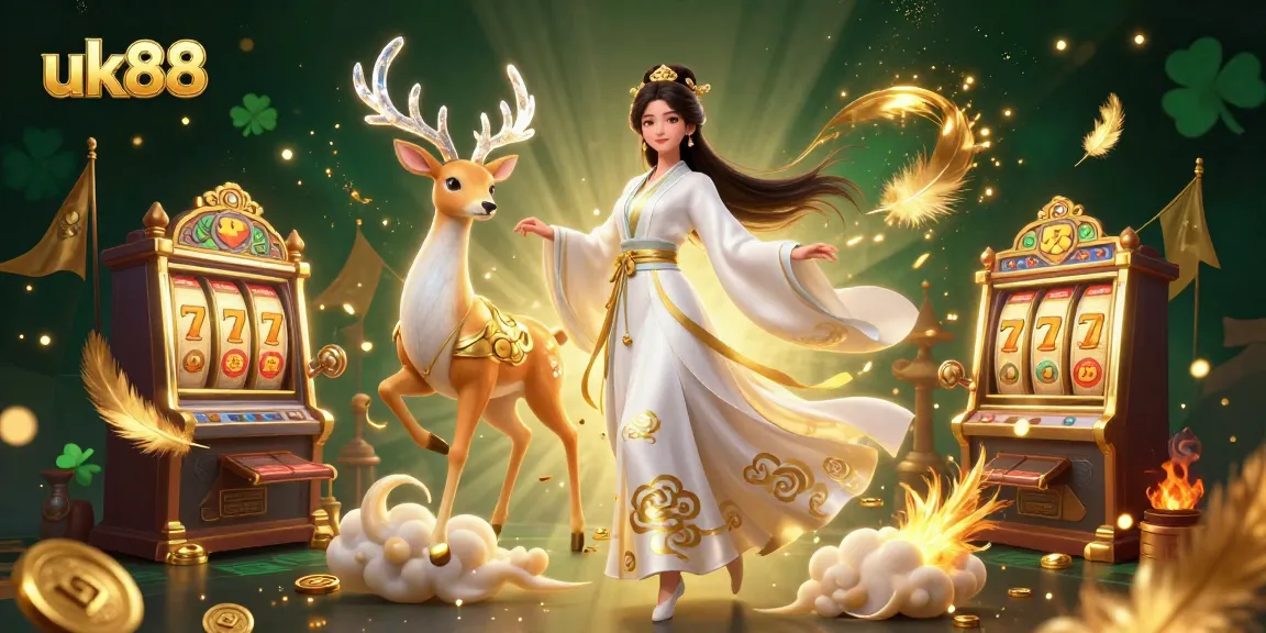 Experience captivating gaming excitement with uk88's vibrant scene featuring a 3D Asian woman and a celestial deer amidst slot machines and golden elements.