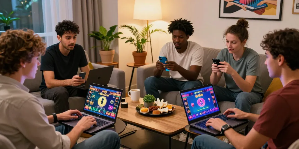 UK players enjoying non UK registered casinos in a cozy home setting, featuring lively interaction and colorful games.