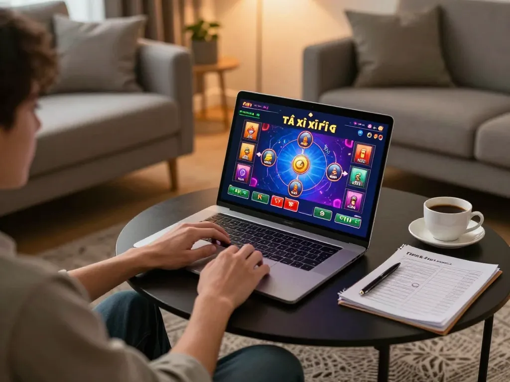 Tài xỉu online uy tín gameplay showcasing a player enjoying an engaging and immersive experience on a laptop in a cozy setting.