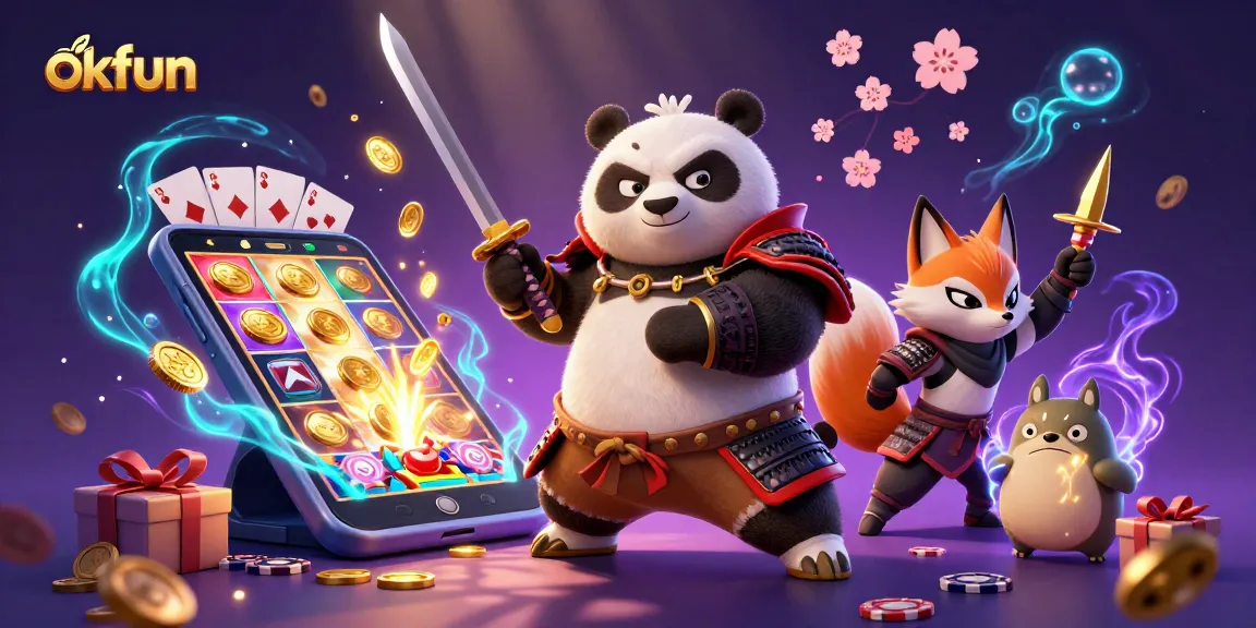 Join the excitement at okfun with a thrilling 3D scene of samurai panda, ninja fox, and magical tanuki amidst vibrant casino elements.