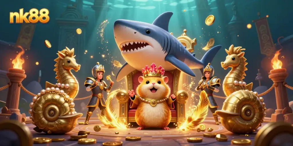 Join the exciting nk88 experience as a golden hamster king rules from his megalodon throne in a dynamic casino underworld.