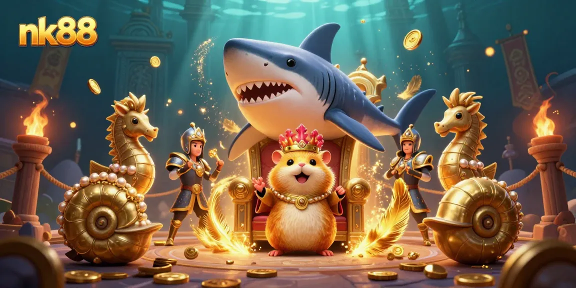 Join the exciting nk88 experience as a golden hamster king rules from his megalodon throne in a dynamic casino underworld.