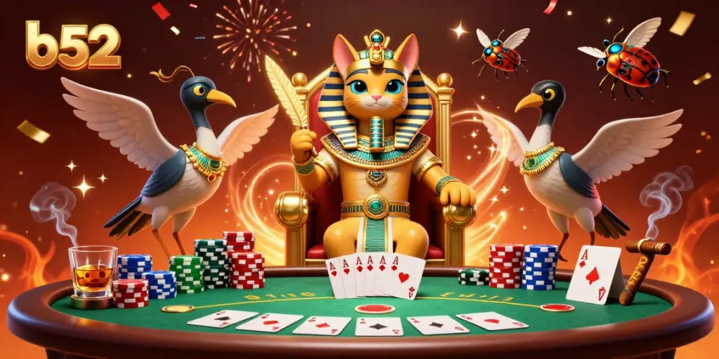 Engage with b52 through thrilling poker scenes featuring a pharaoh cat and vibrant casino elements.