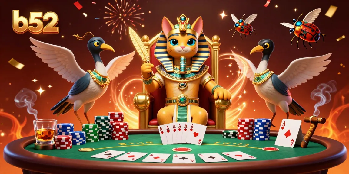 Engage with b52 through thrilling poker scenes featuring a pharaoh cat and vibrant casino elements.