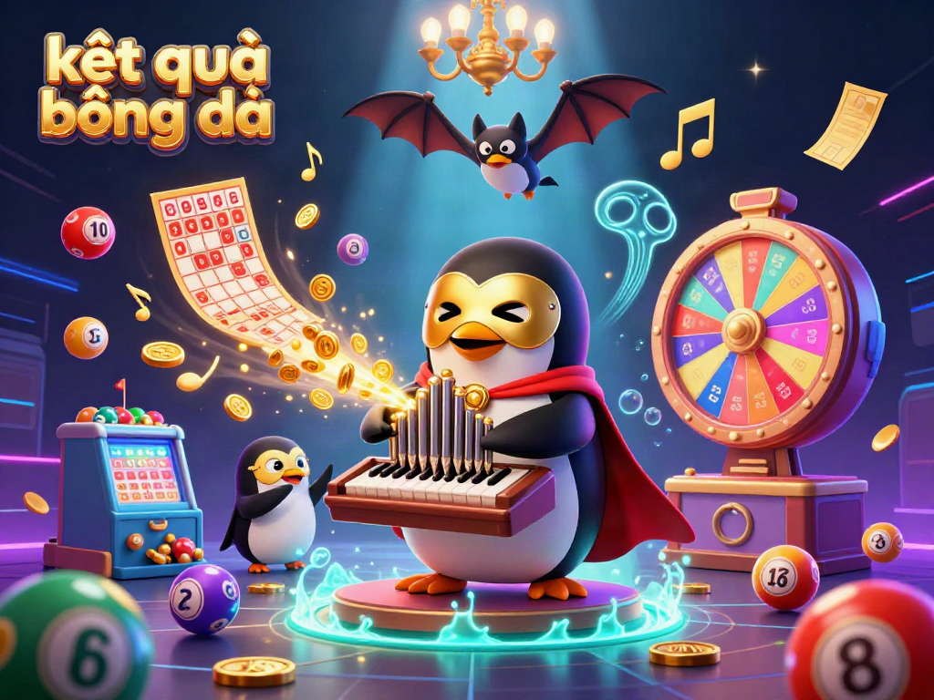 Experience exciting kết quả bóng đá as a playful penguin and bat perform in a vibrant scene filled with lottery elements.