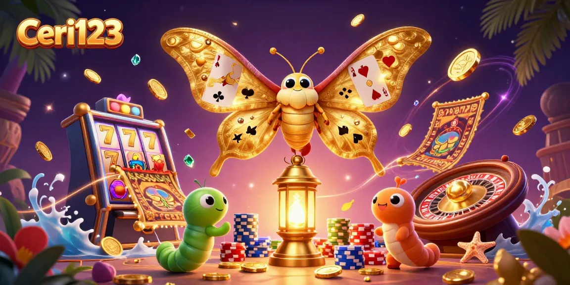 Ceri123 showcases an enchanting slot scene with glittering gold coins and a majestic atlas moth, attracting players for an exhilarating gaming experience.