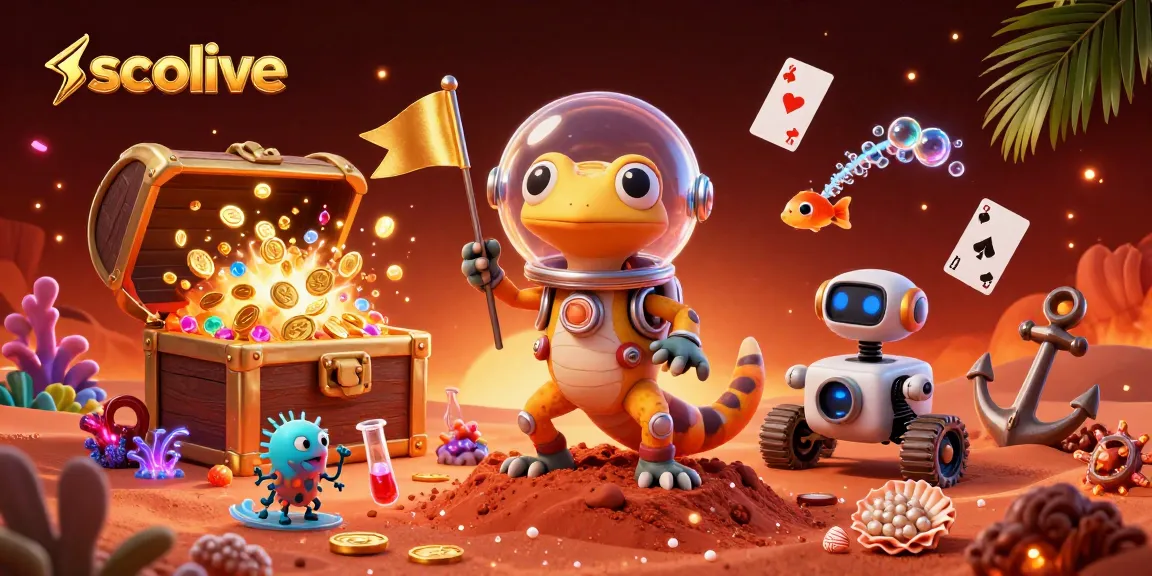 Socolive promotes thrilling online gambling with vibrant 3D cartoon fantasy of Martian gecko and casino treasures.