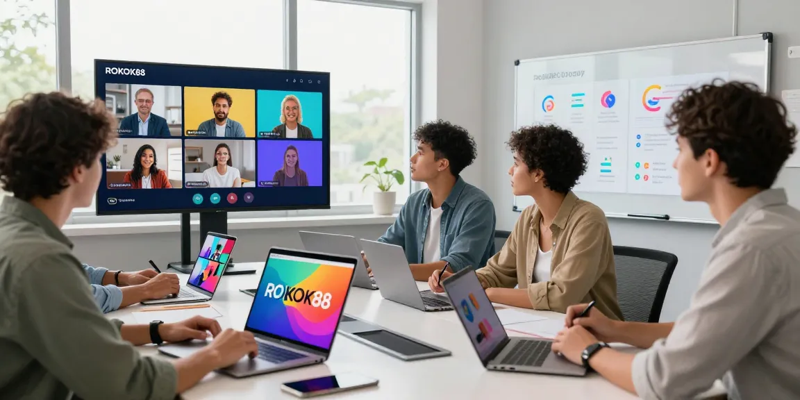 Engaged users exploring rokok88 episodes in a collaborative digital workspace, showcasing innovation and global trends.