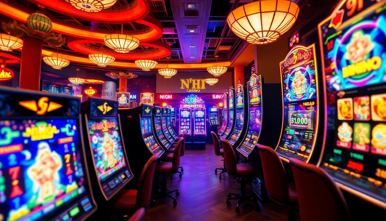Nổ Hũ digital casino scene with vibrant slot machines and glowing jackpots.
