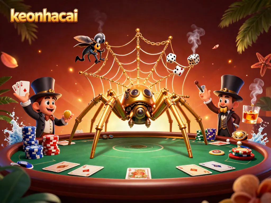 Experience thrilling betting action with keonhacai's 3D steampunk spider and poker elements.