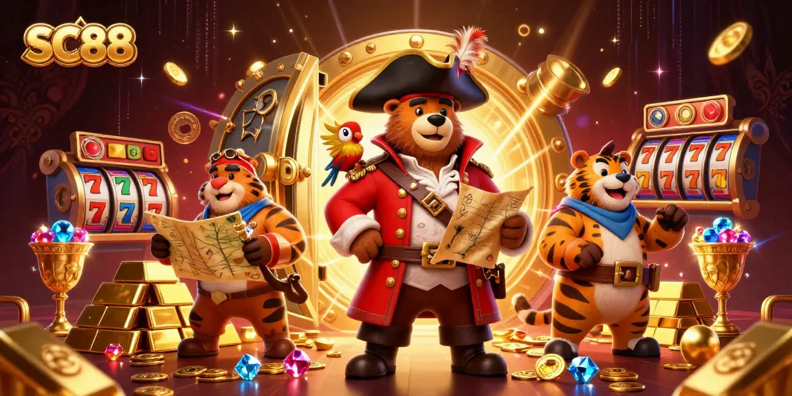SC88 pirate captain bear winning treasures in a vibrant casino illustration scene.