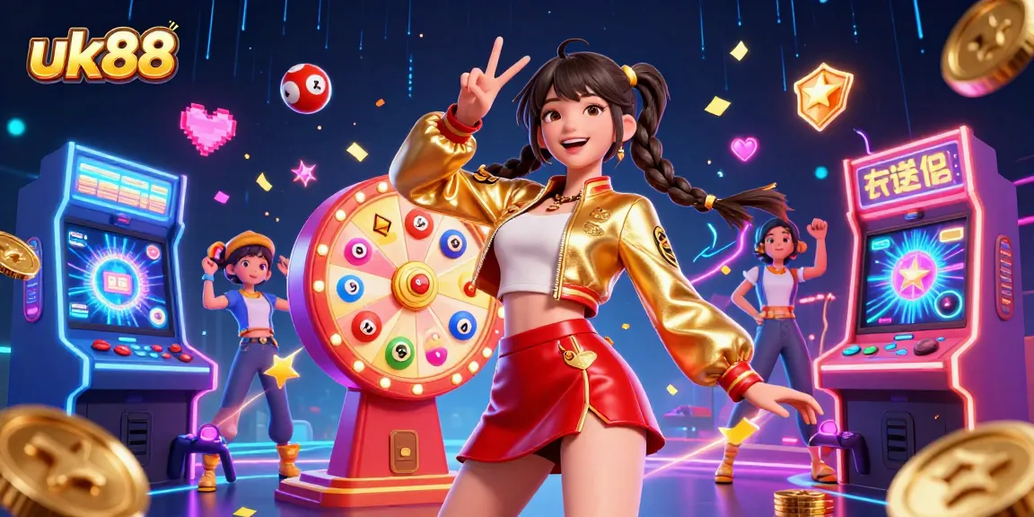 Experience excitement at uk88 with a stunning Asian woman celebrating amidst vibrant casino games and colorful lottery elements.