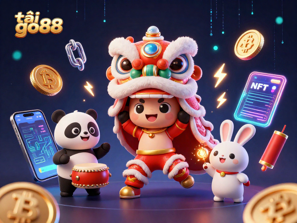 Experience excitement playing tải go88 with a vibrant 3D illustration showcasing a lively lion dance and crypto elements.