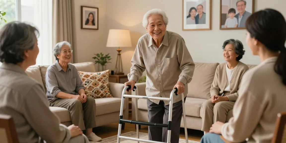 Buy nobility aids while a family supports an elderly member using mobility assistance at home.