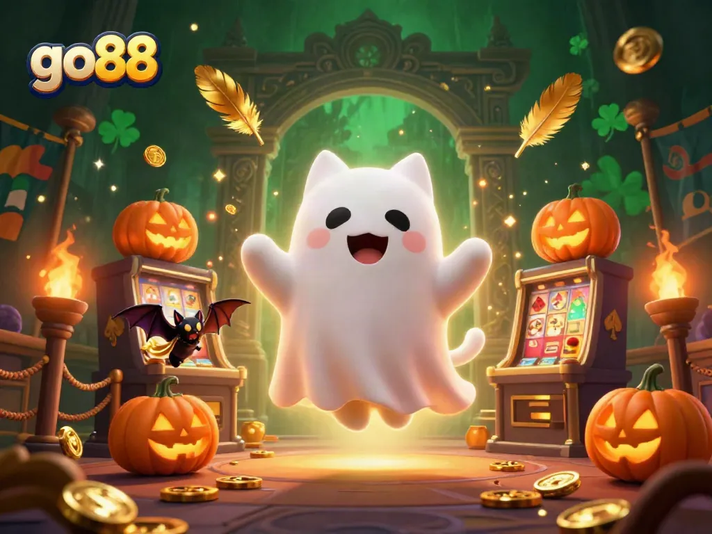 Engage in go88's thrilling gaming adventure with a ghost cat and bat in a vibrant casino scene.