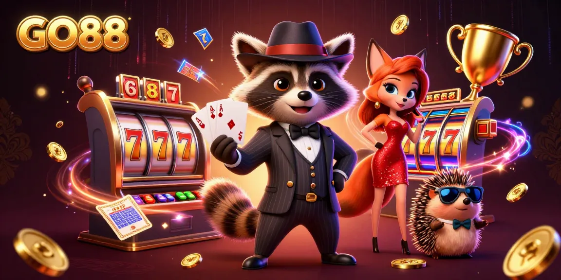 Experience GO88's vibrant gaming world with spinning slot reels and a royal flush in hand.