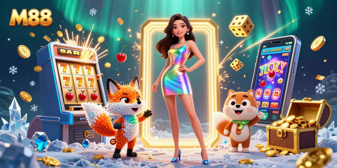 M88 offers an engaging gaming experience with vibrant casino elements in a captivating 3D illustration.