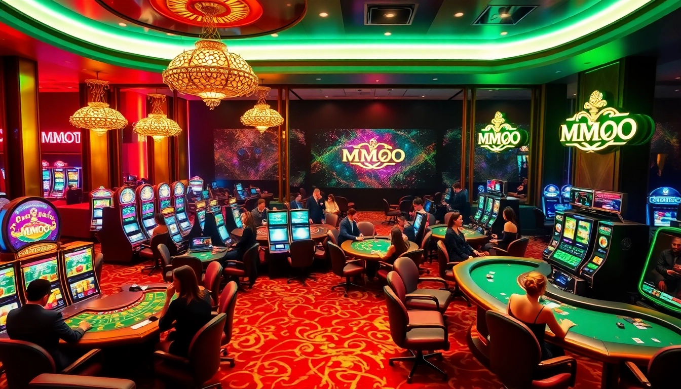 Experience MMOO's luxury gaming environment with vibrant slots and interactive dealers.