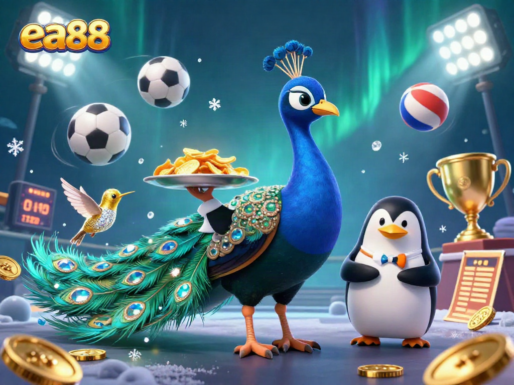 ea88 showcases vibrant gaming elements with a peacock, penguin, and hummingbird in action