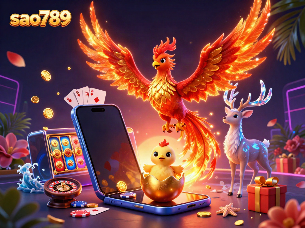 Experience the magic of sao789 with a dynamic scene featuring a phoenix, baby chick, and mystical stag amidst exciting gaming elements.