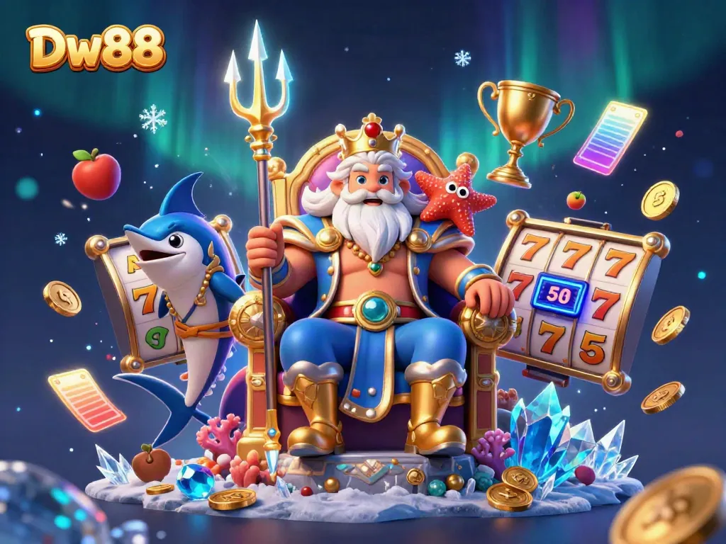 Experience the thrilling action at Dw88 with Neptune and friends amidst vibrant casino elements.