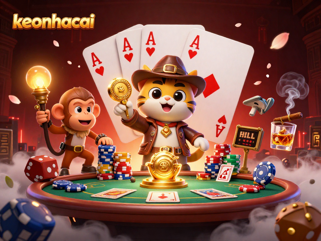 Engage in high-stakes poker at keonhacai with a lively scene of an archaeologist cat and monkey companion.