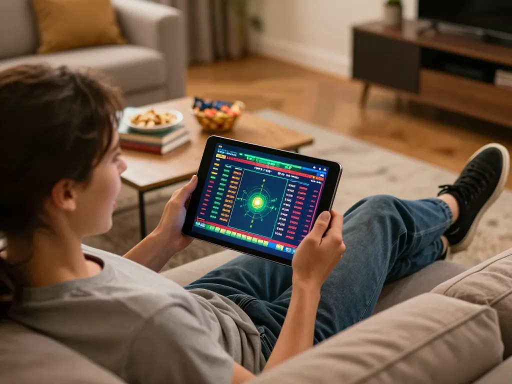 Engaged user exploring tylekeo sports betting odds on tablet in cozy home setup.