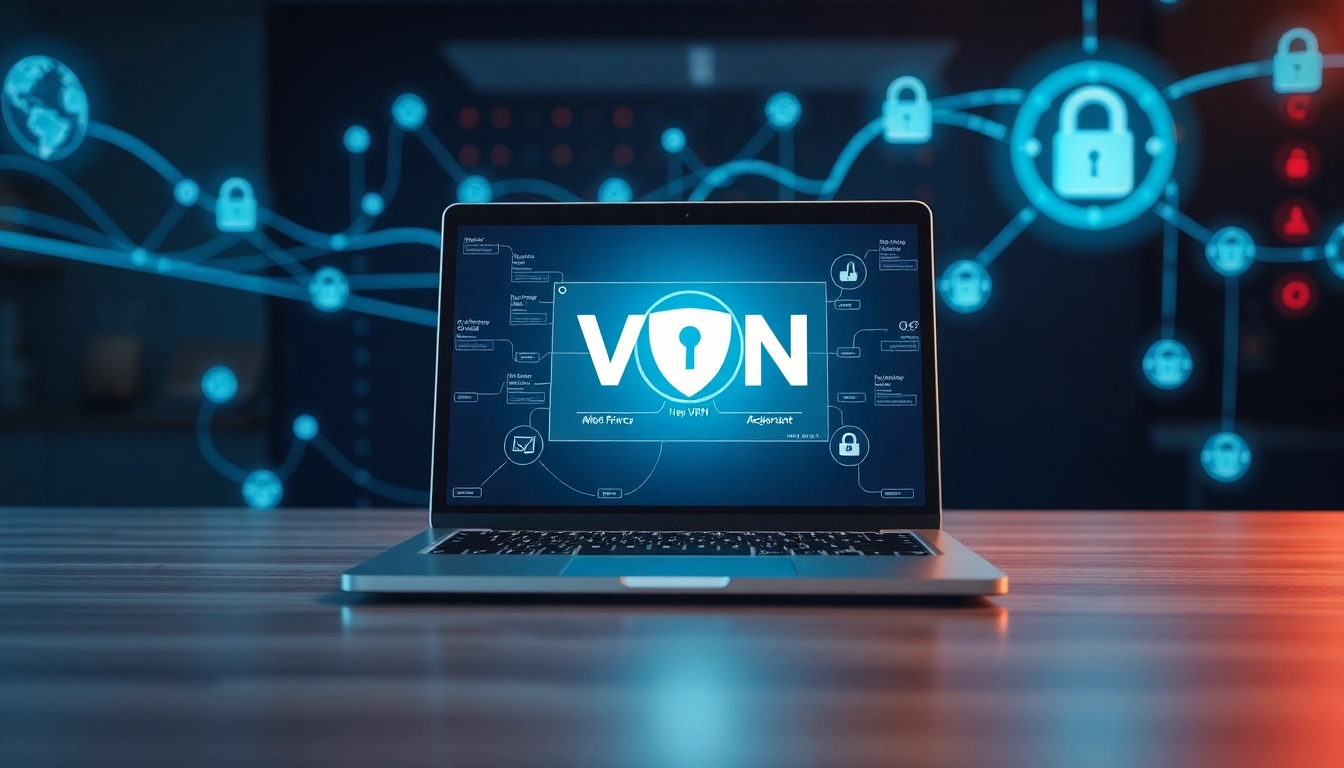 快连官网 - A digital workspace symbolizing network acceleration and online privacy, featuring a laptop with a VPN interface.