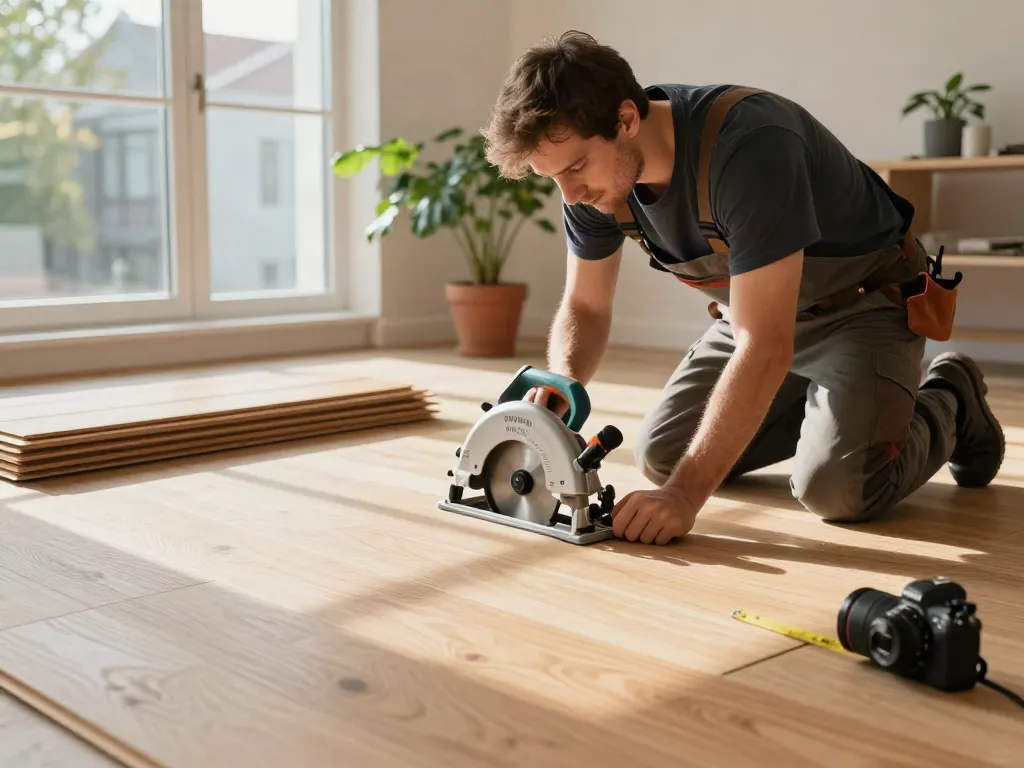 Local carpenter installing wooden flooring, showcasing quality craftsmanship for Bygg Norge