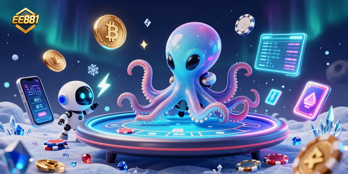 Enhance your gaming with ee881, featuring an alien octopus running a holographic poker table surrounded by crypto elements.