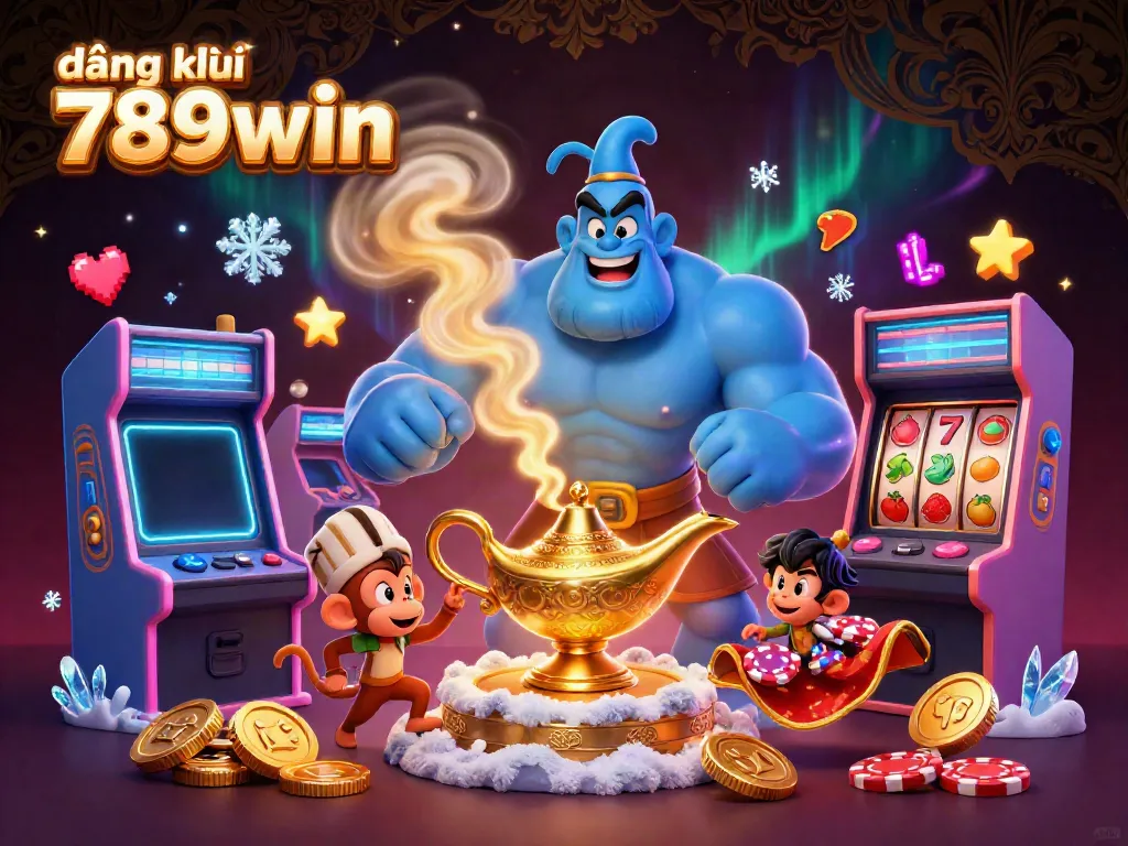 Join the excitement at đăng ký 789win with a dazzling genie and casino elements in a vibrant 3D scene.