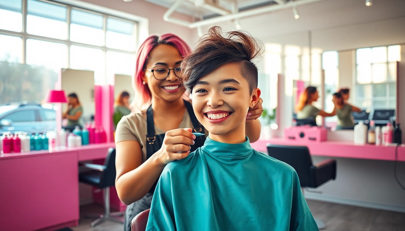 Bester Friseur providing a stylish haircut in a modern, vibrant salon environment.