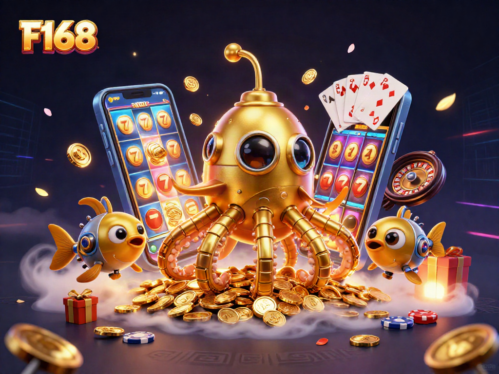 Experience F168's vibrant gaming action, with a playful golden kraken amidst cascading golden coins and lively casino elements.