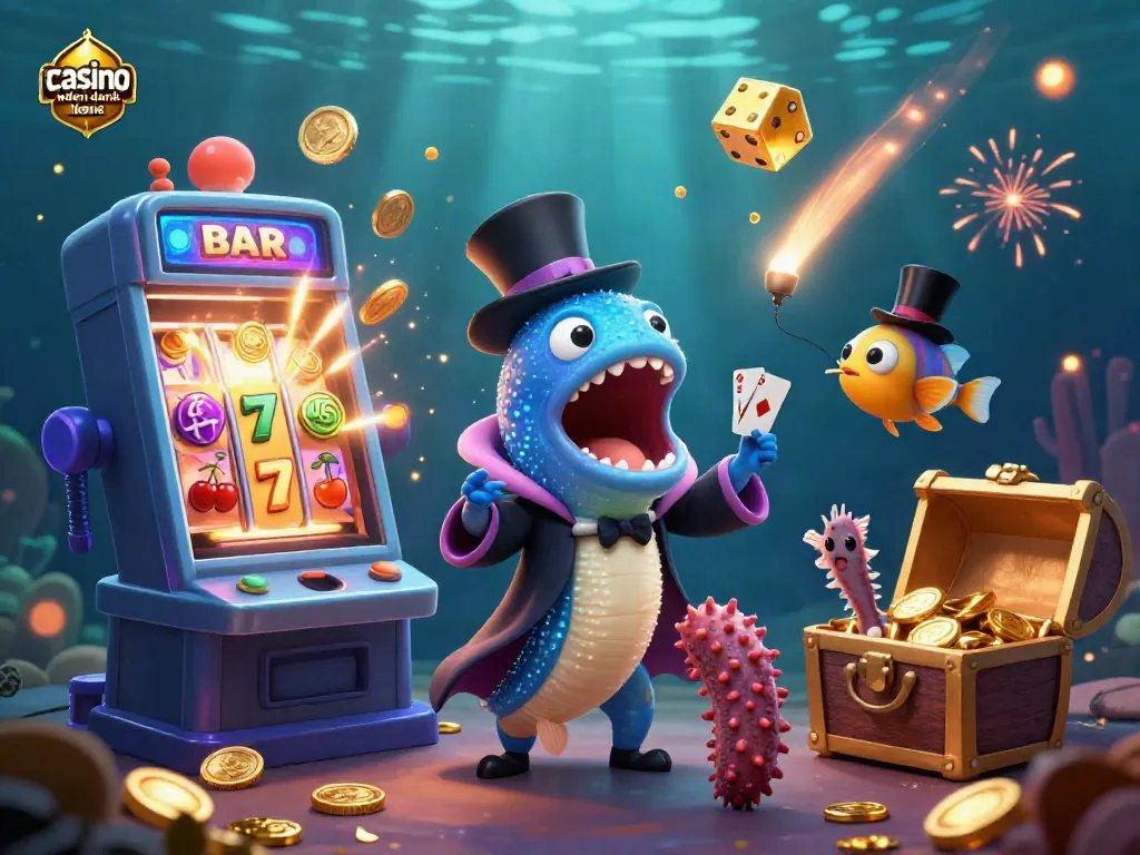 Engage with casino uden dansk licens through this vibrant underwater 3D illustration showcasing unique characters and gaming elements.