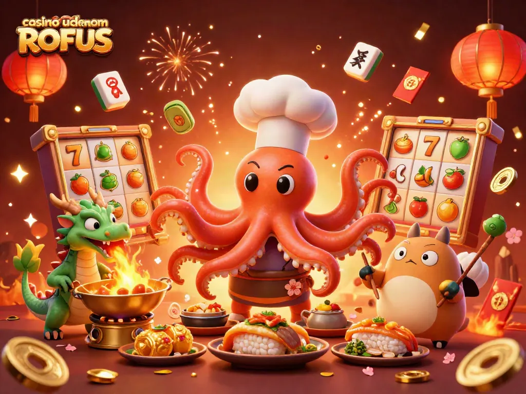 Experience gameplay at casino uden om ROFUS with colorful 3D slots, an octopus chef, and festive dragon.