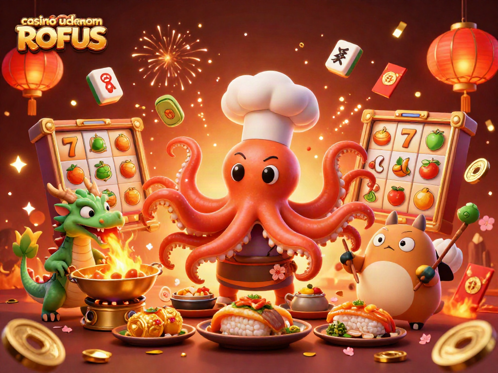 Experience gameplay at casino uden om ROFUS with colorful 3D slots, an octopus chef, and festive dragon.