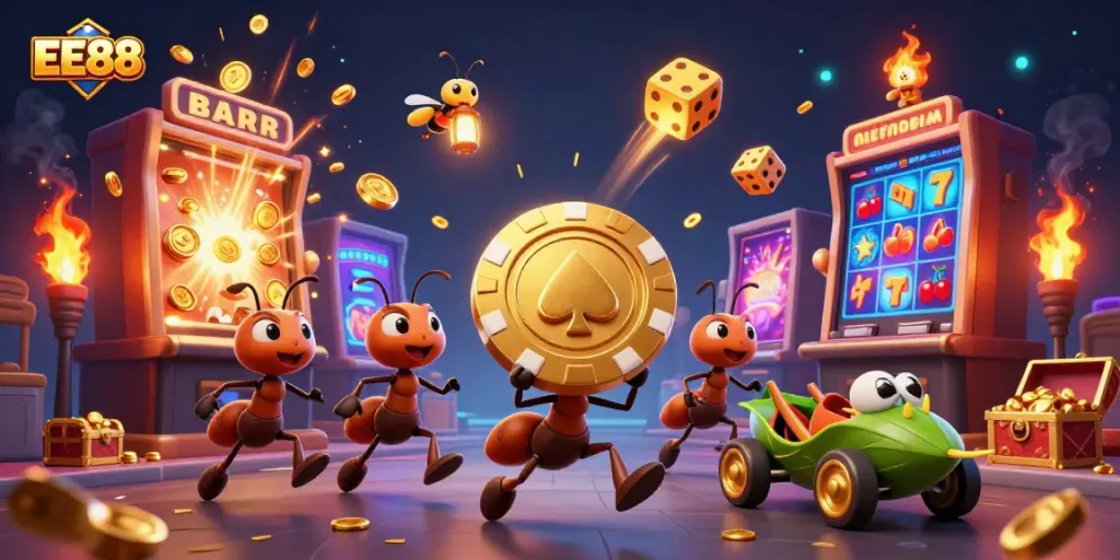 EE88 gaming scene showing ants heisting a golden poker chip amidst a vibrant casino explosion.
