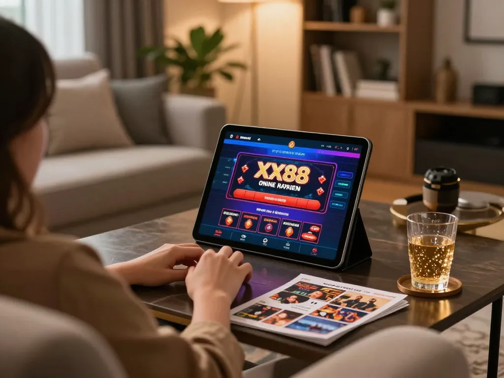 Engaging in online casino gaming with the XX88 platform from a cozy home setup.