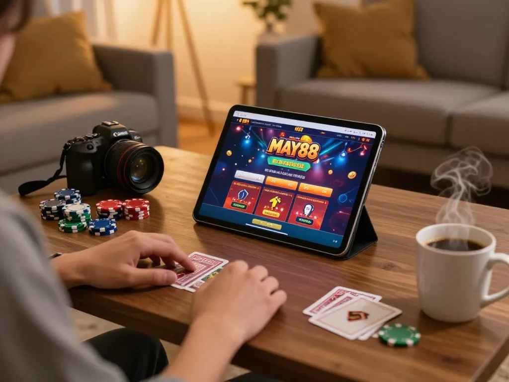 MAY88 user immersing in online gaming at home, showcasing vibrant casino interface and strategic setup