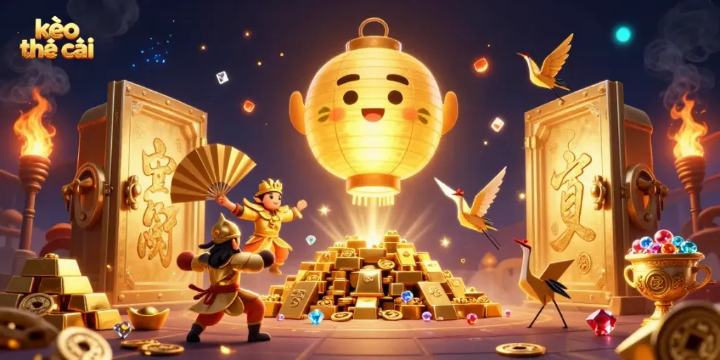 Experience the excitement of kèo nhà cái with this vibrant 3D casino scene featuring glowing spirits and treasures.