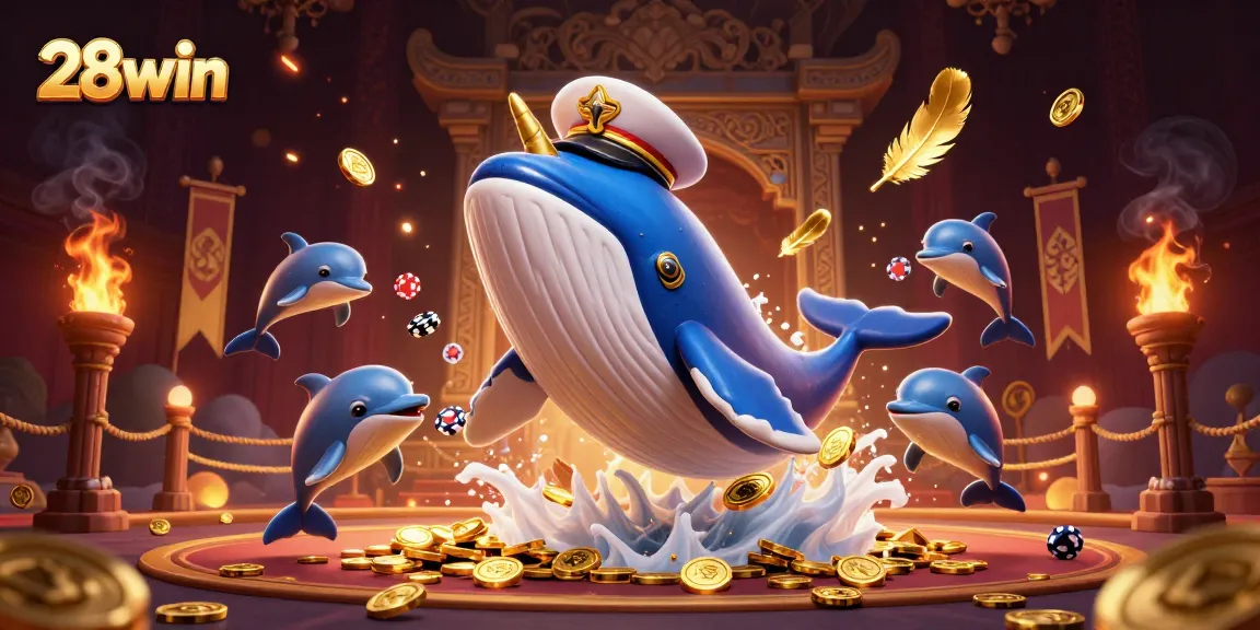 Play poker with 28win's 3D whale and dolphins surrounded by gold coins and betting tokens.