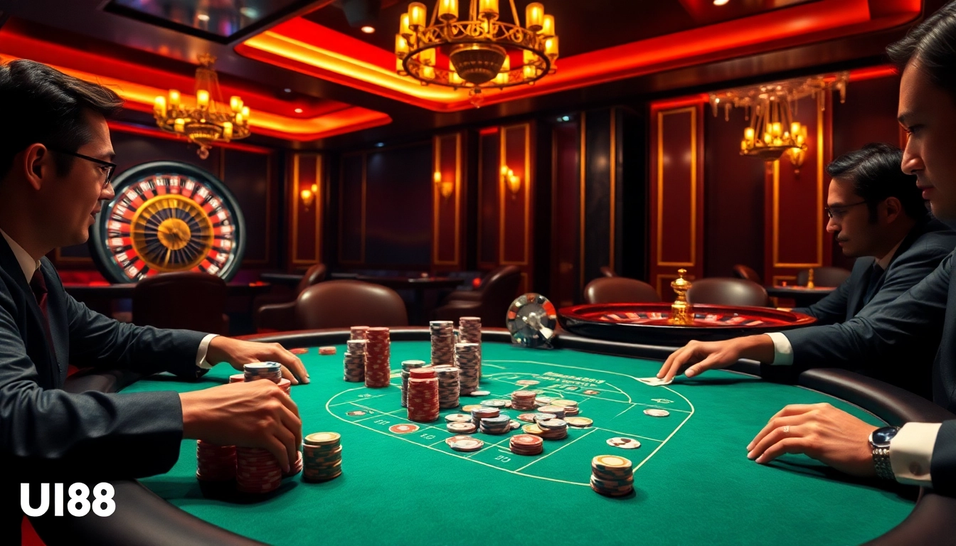 Players enjoying a thrilling poker game at UU88 casino, showcasing poker chips and a roulette wheel.