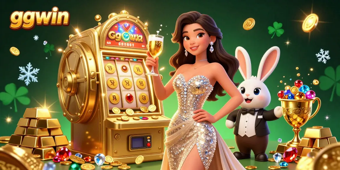 Winning at ggwin casino with a stunning woman celebrating by a jackpot slot machine and a playful croupier.