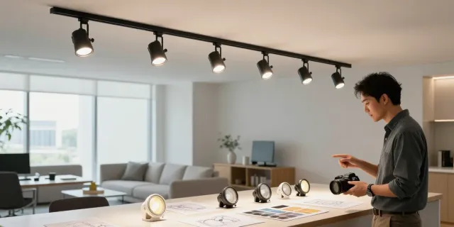Iluminat modern cu sina magnetică și spoturi LED, ideal pentru design interior.