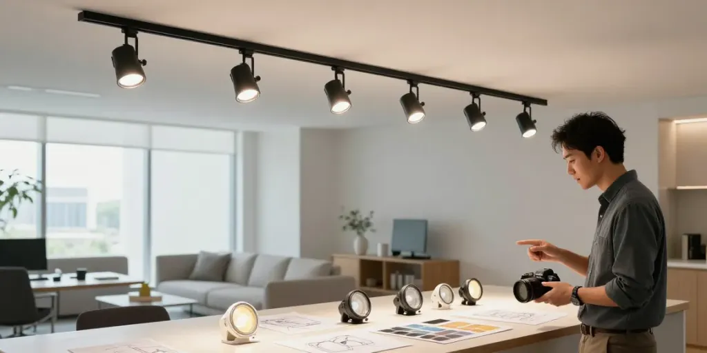 Iluminat modern cu sina magnetică și spoturi LED, ideal pentru design interior.