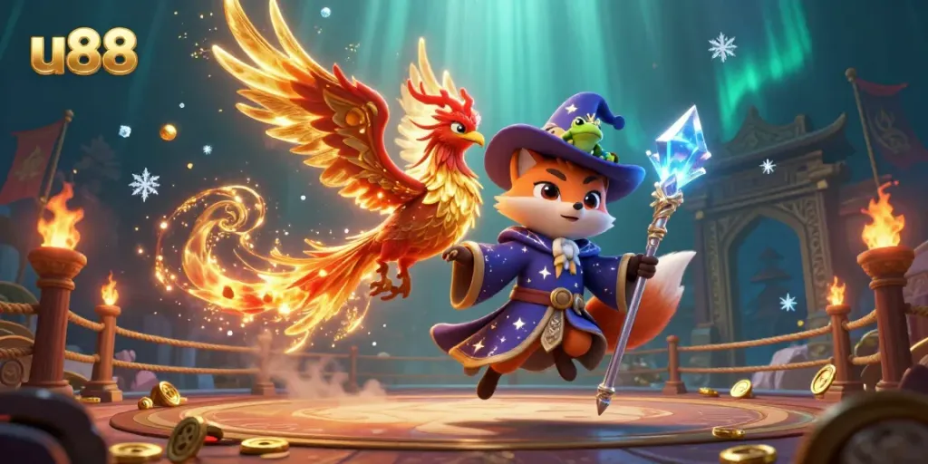 Engage with the magic of u88 in a captivating online casino scene featuring a cartoon wizard, phoenix, and glittering game elements.