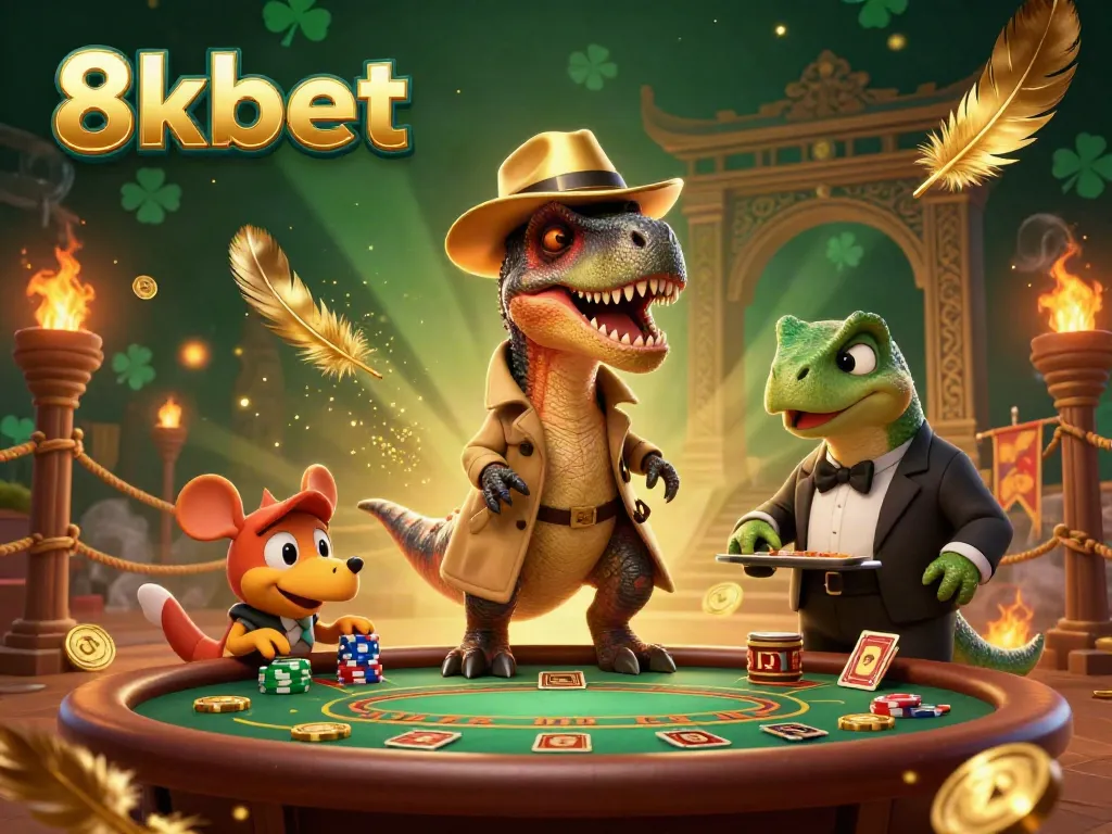 Experience thrill at 8kbet with a unique 3D velociraptor card counter at a blackjack table.