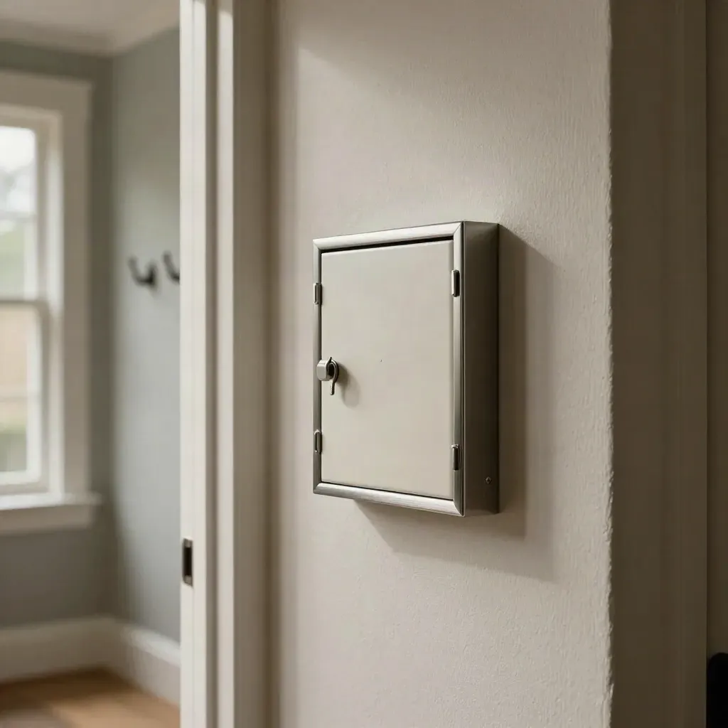 Wall-mounted lockbox set into a plaster entry wall beside coat hooks in soft rainy daylight.