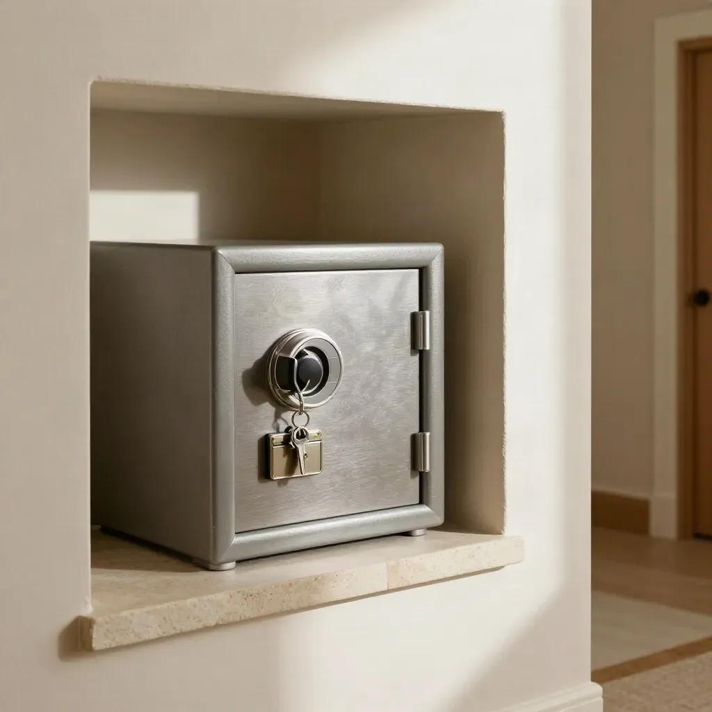 Fireproof safe, lockbox, and key tin arranged in a pale oak hallway niche.